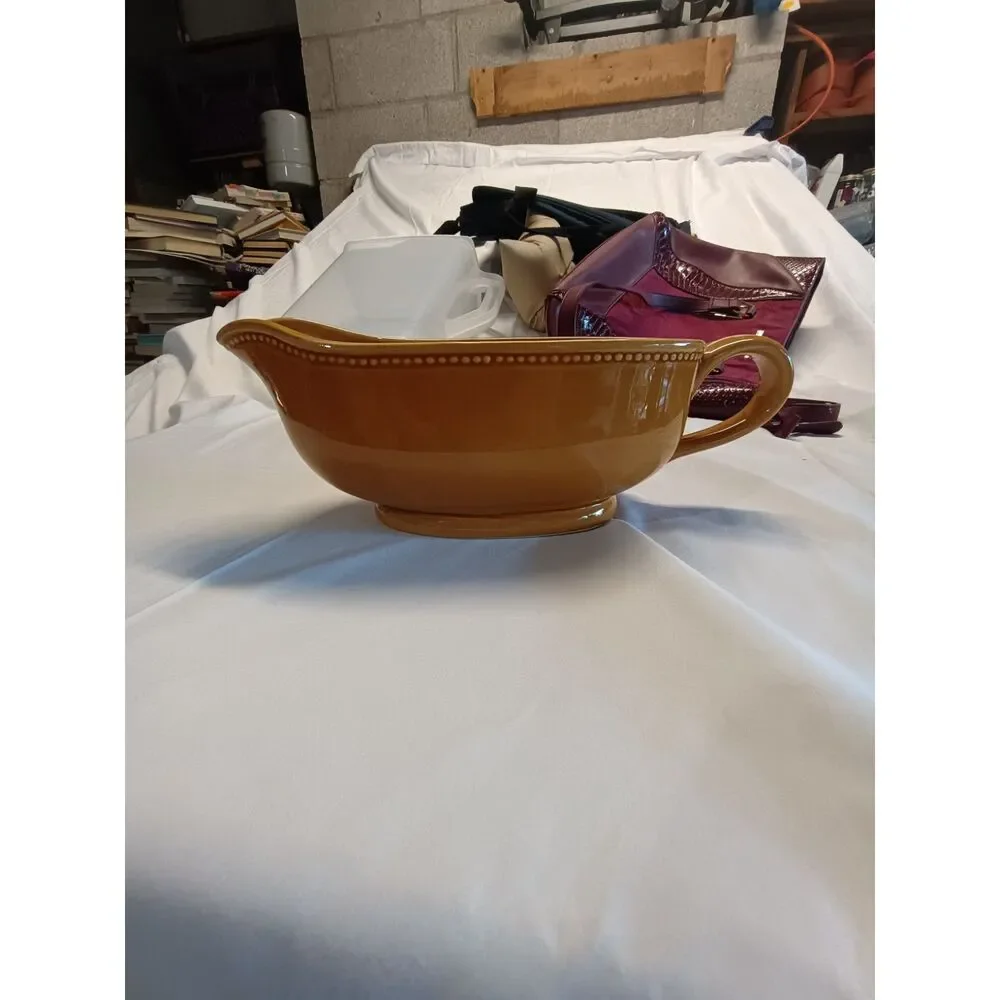 Lucerne Foods Yellow Ceramic Gravy Boat Beaded Trim Amber Mustard Sauce Pitcher